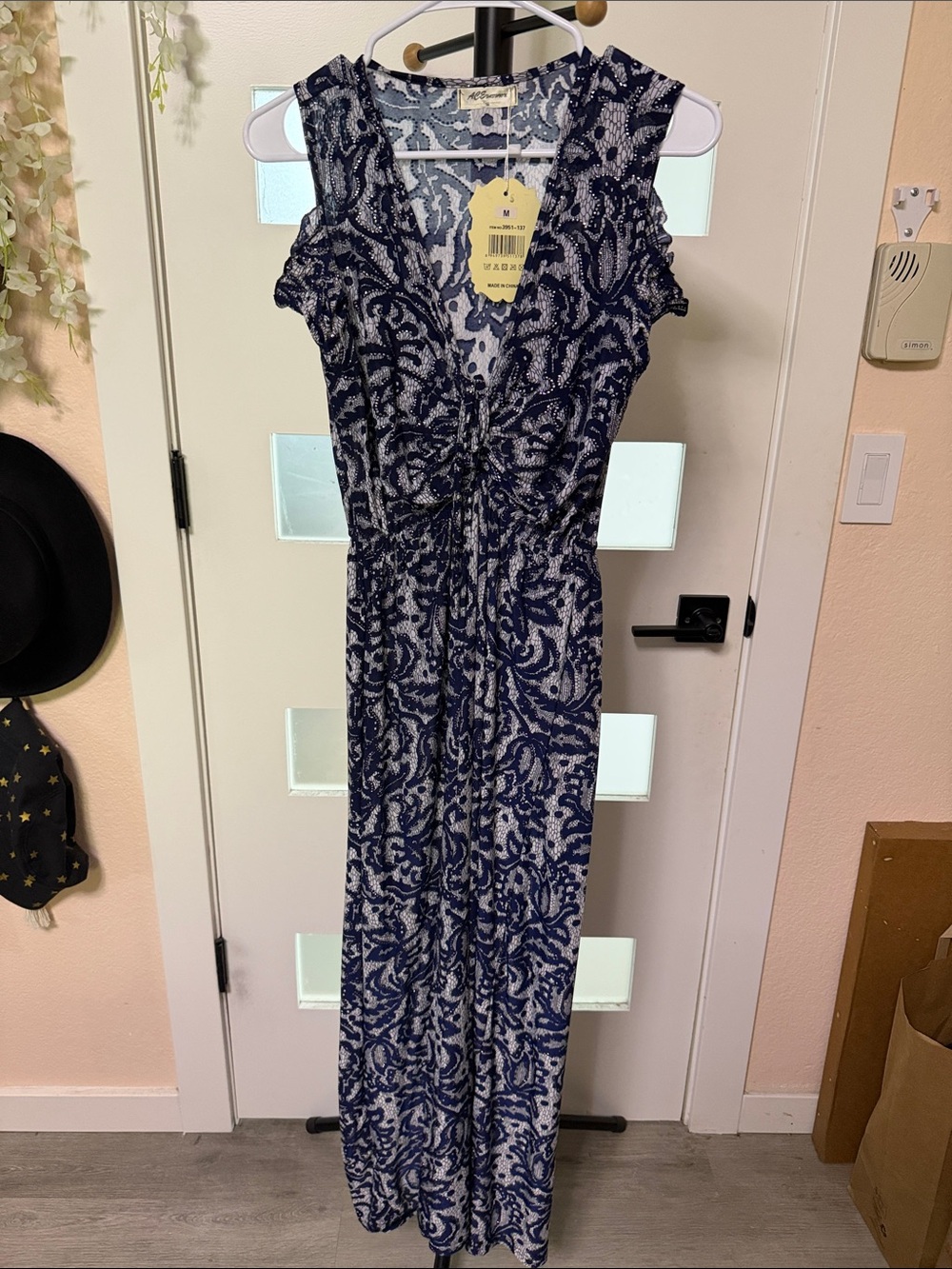 Sequins Sleeveless Navy & White Paisley Maxi Dress